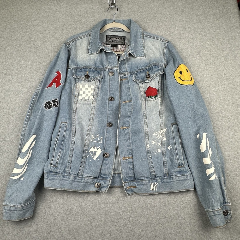 Brooklyn Cloth Denim Jacket Unisex S Graffiti NO BAD VIBES Rose Embroidered